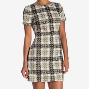 Eliza J Short Sleeve Tan/Black Plaid Print Mini Shift Dress Geometric Size 4